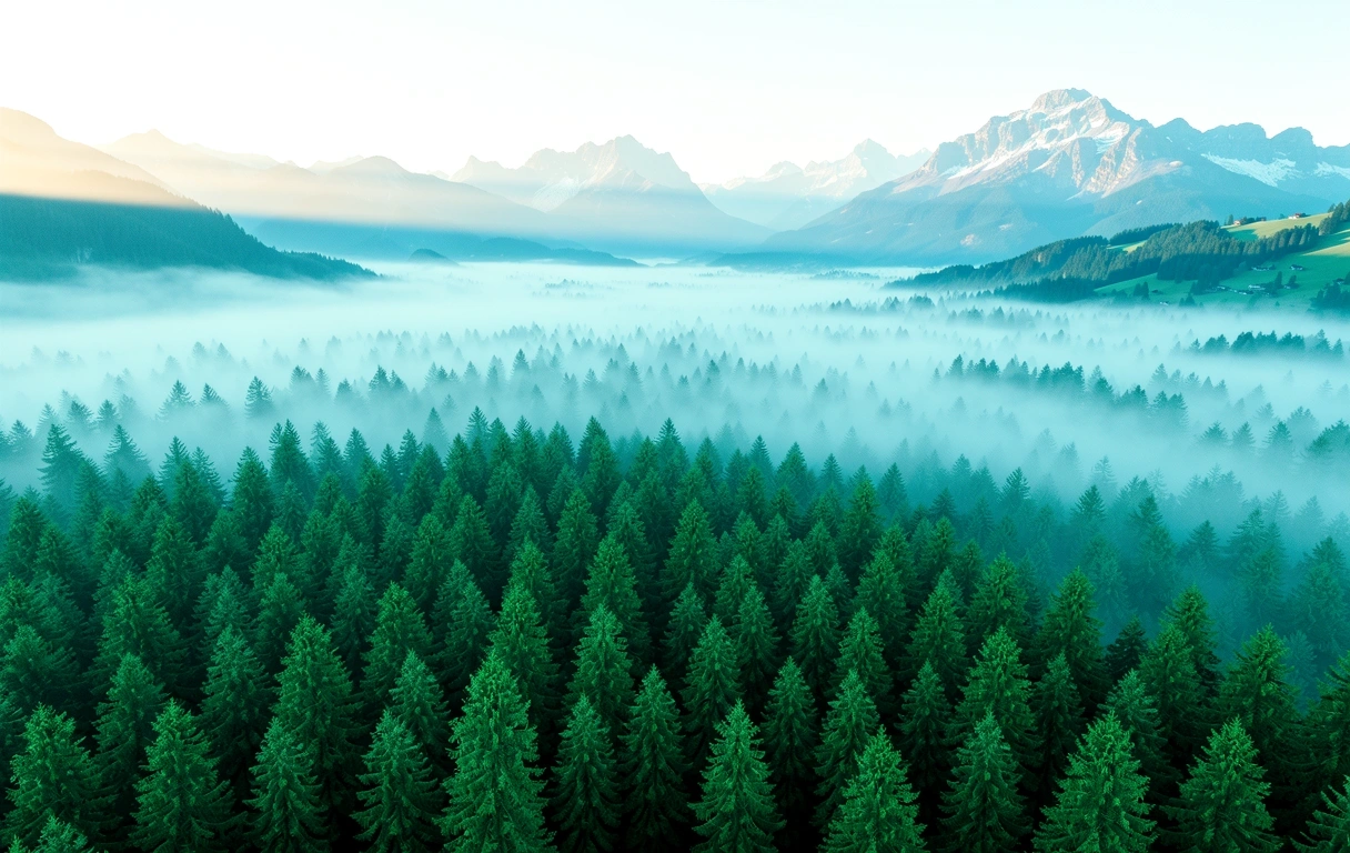 Schweizer Alpenwald im Morgennebel